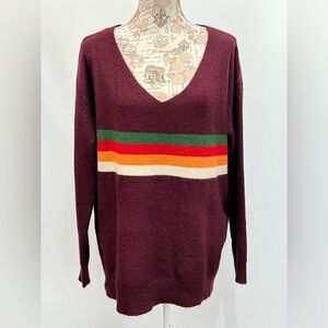 WISHLIST Deep eggplant with rainbow stripe V neck sweater size M/L.